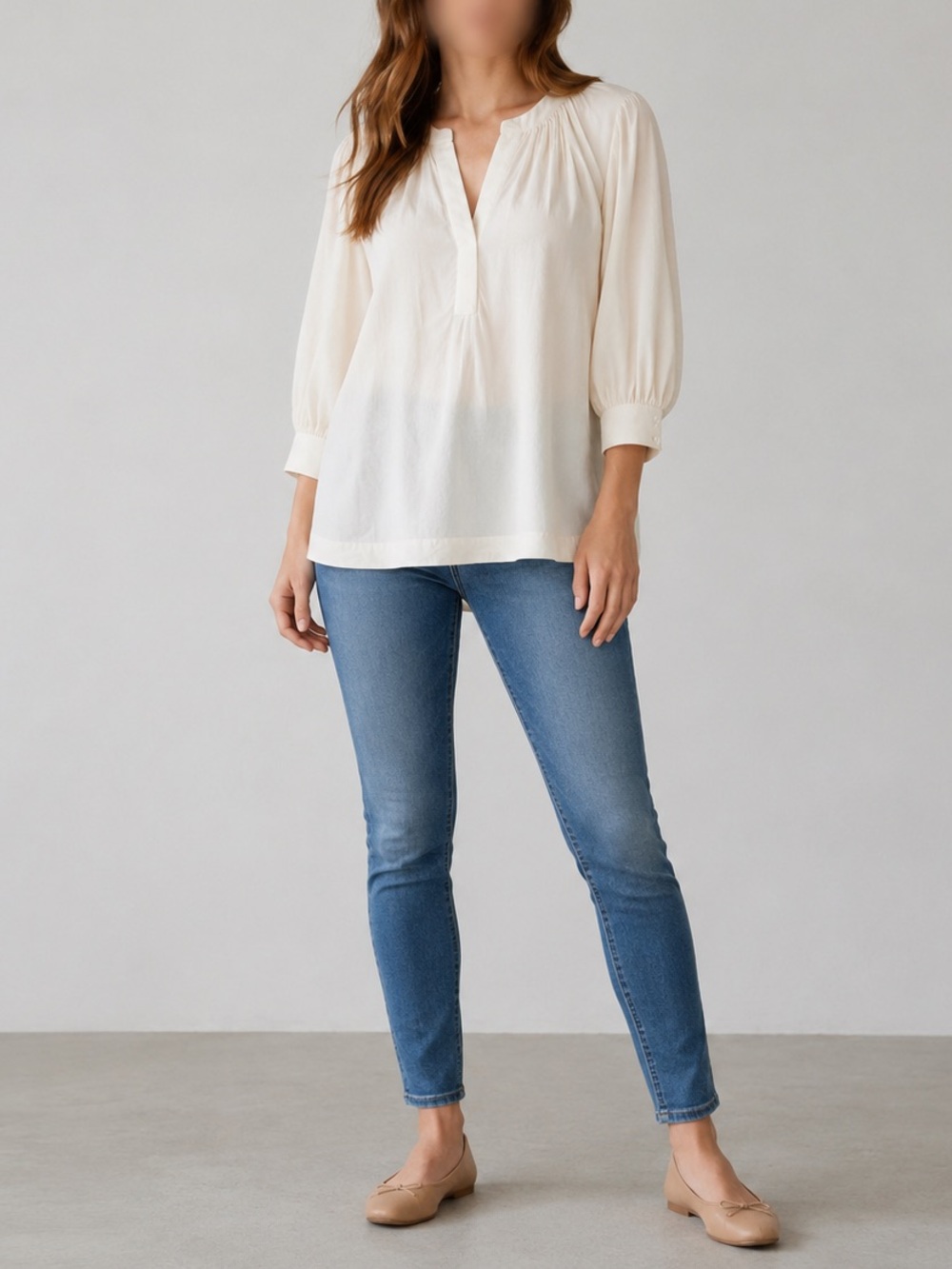 Joie Ivory Gathered Split-Neck Balloon Sleeve Blouse XS